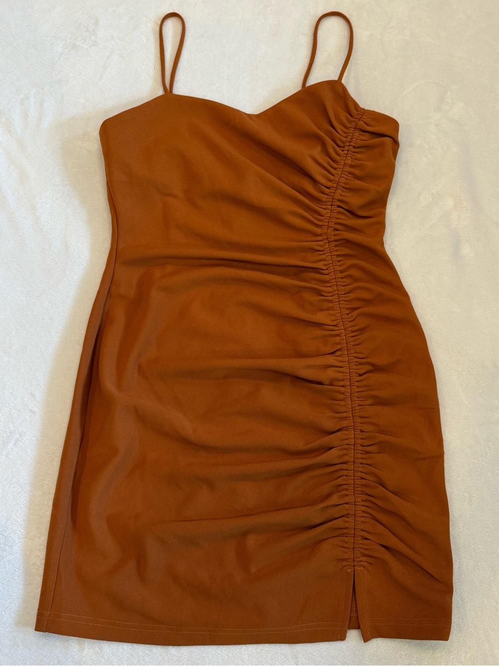 Elliatt Rust Spaghetti Strap Ruched Mini Dress